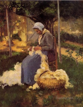  peasant Oil Painting - female peasant carding wool 1875 Camille Pissarro